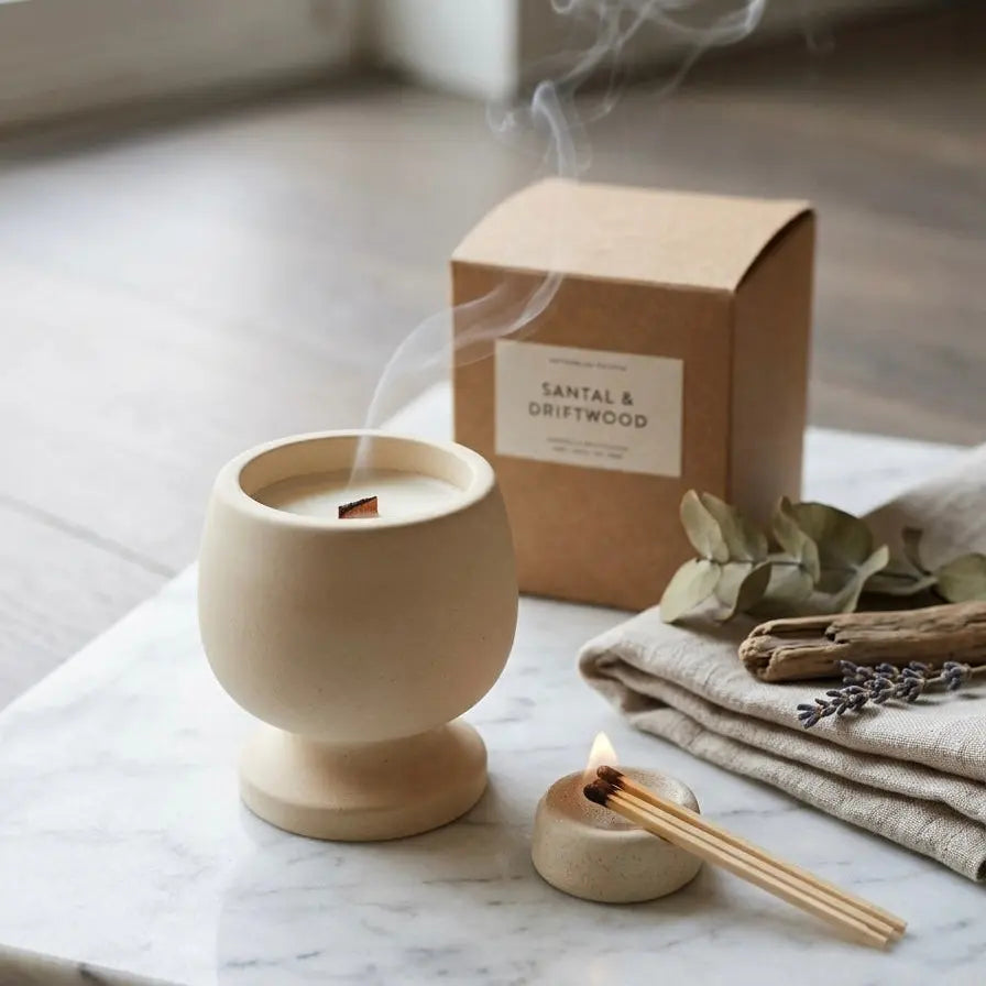 Jesmonite Pedestal Candle – Hand-Poured Soy Wax & Crackling Wood Wick - handmade home fragrance gift