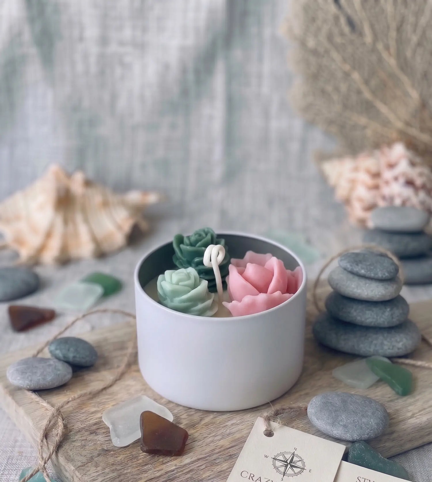 Cactus Jar Candle — Blush & Teal Rosette Garden | Soy Wax, Handmade in USA - handmade home fragrance gift