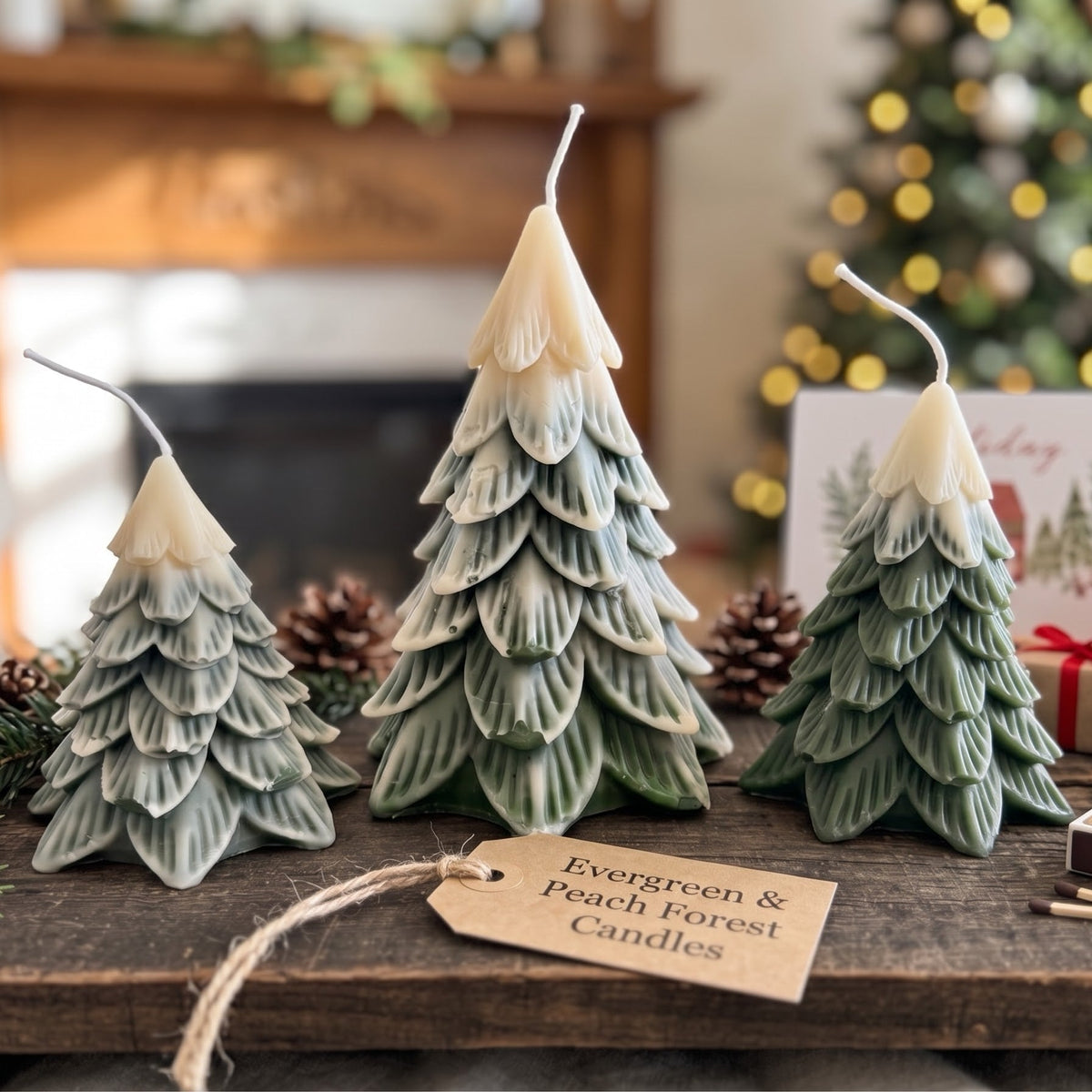 Immergrüner Wald Weihnachtskerze in Form eines verschneiten Tannenbaums