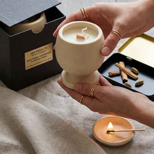 Jesmonite Pedestal Candle – Hand-Poured Soy Wax & Crackling Wood Wick - handmade home fragrance gift