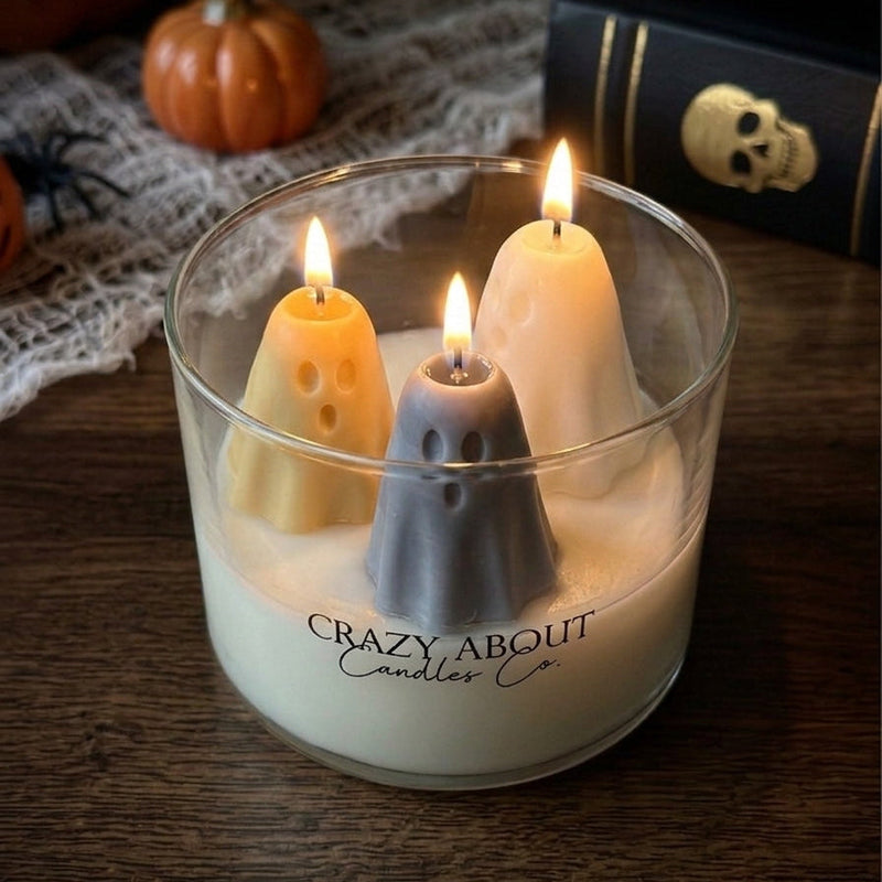 Ghost Trio Halloween Candle | Handmade Soy Wax Candle in Glass Tumbler - handmade home fragrance gift