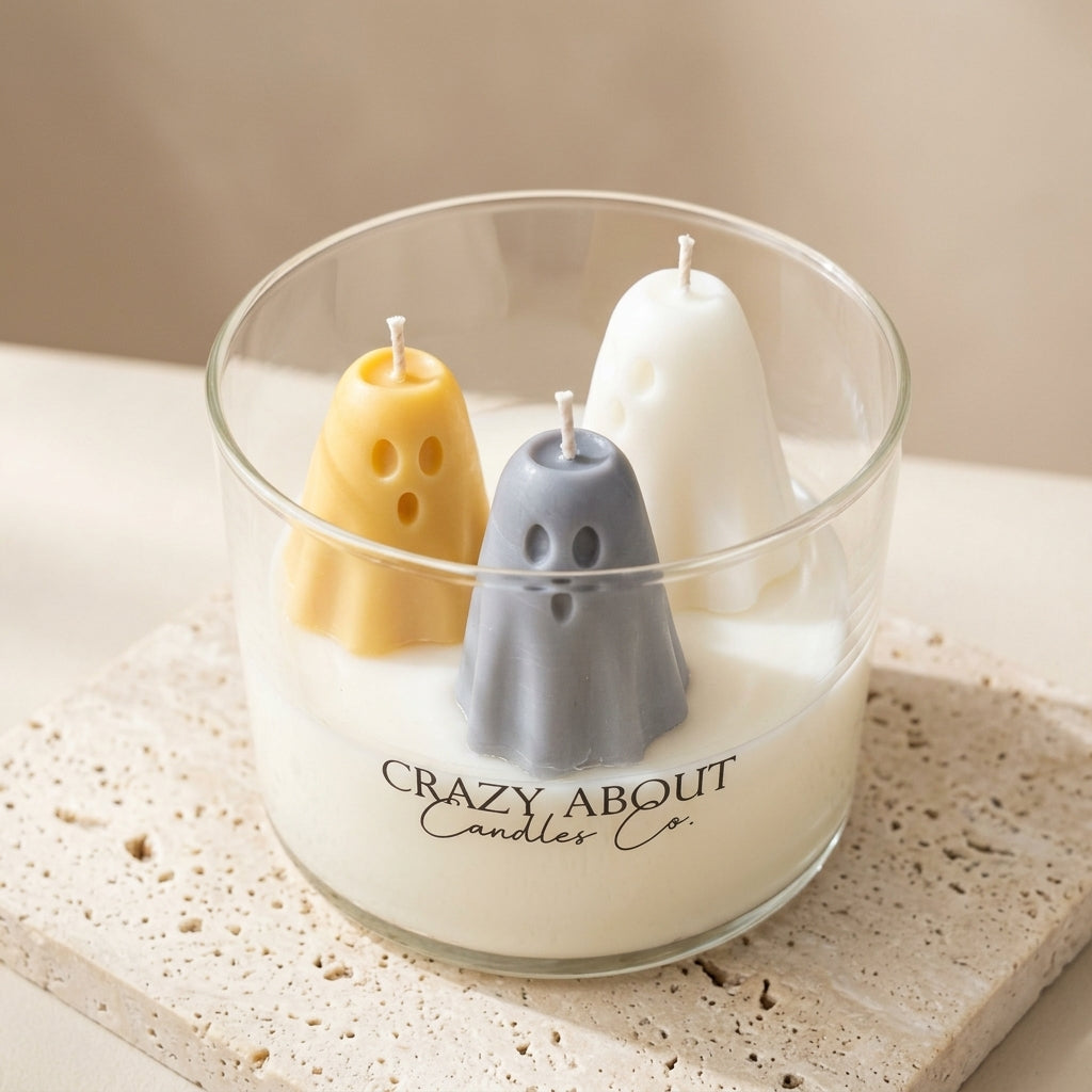 Ghost Trio Halloween Candle | Handmade Soy Wax Candle in Glass Tumbler - handmade home fragrance gift