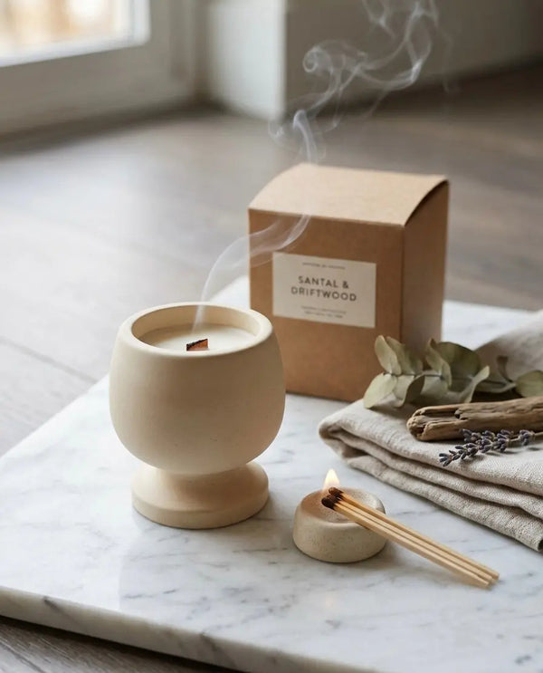 Jesmonite Pedestal Candle – Hand-Poured Soy Wax & Crackling Wood Wick - handmade home fragrance gift