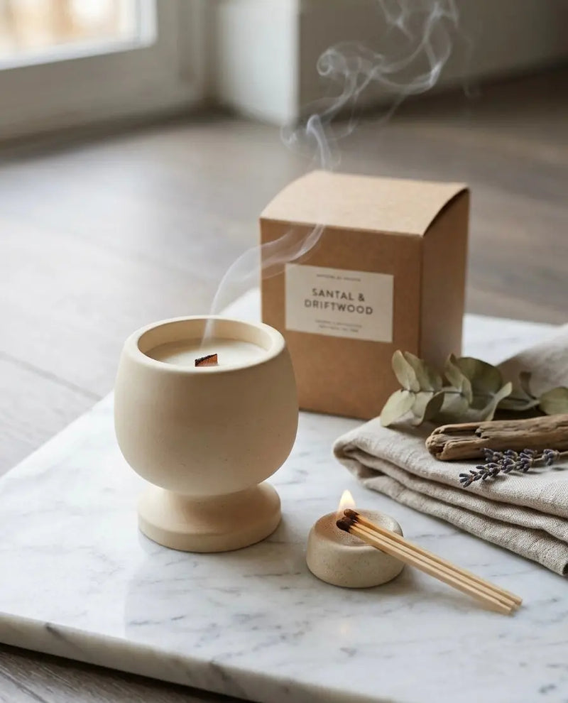 Jesmonite Pedestal Candle – Hand-Poured Soy Wax & Crackling Wood Wick - handmade home fragrance gift