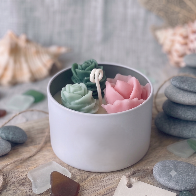 Cactus Jar Candle — Blush & Teal Rosette Garden | Soy Wax, Handmade in USA - handmade home fragrance gift