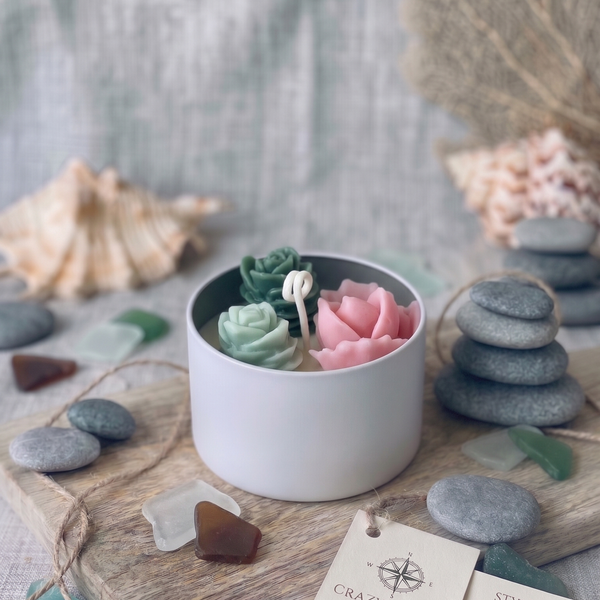 Cactus Jar Candle — Blush & Teal Rosette Garden | Soy Wax, Handmade in USA - handmade home fragrance gift