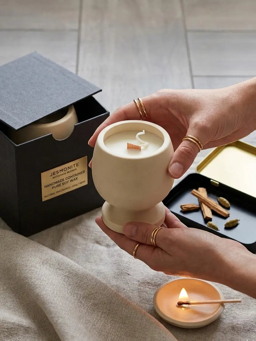 Jesmonite Pedestal Candle – Hand-Poured Soy Wax & Crackling Wood Wick - handmade home fragrance gift