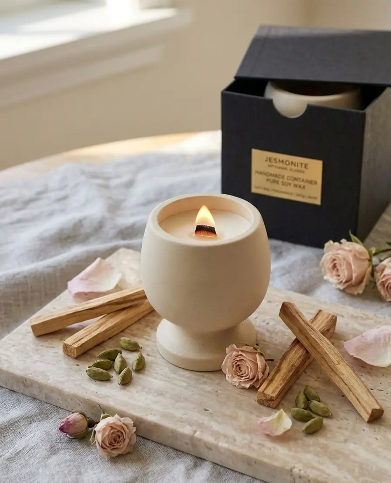 Jesmonite Pedestal Candle – Hand-Poured Soy Wax & Crackling Wood Wick