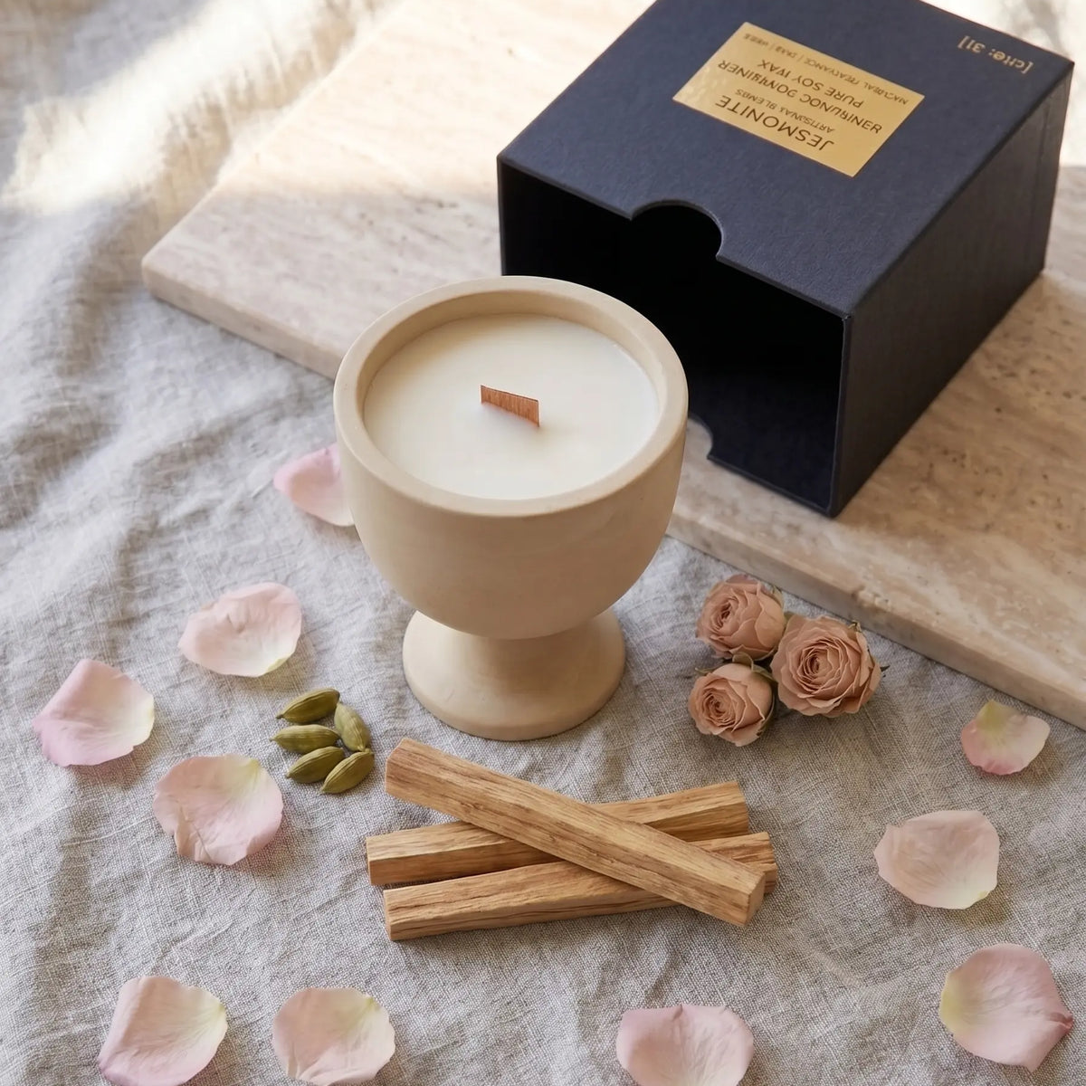 Jesmonite Pedestal Candle – Hand-Poured Soy Wax & Crackling Wood Wick
