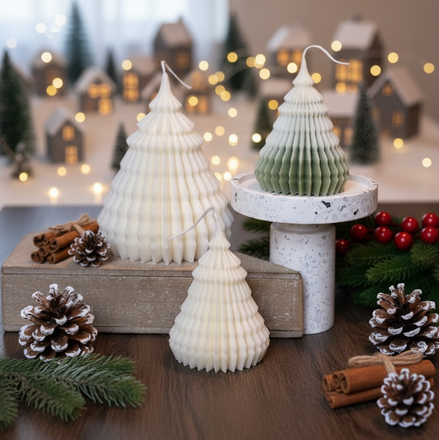 Origami Christmas Tree Candles for Festive Holiday Decor - handmade home fragrance gift