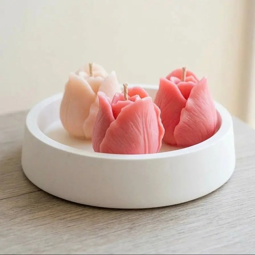 Spring Candle Decor: Tulip Trio Candle in Artisan Jesmonite Bowl - handmade home fragrance gift