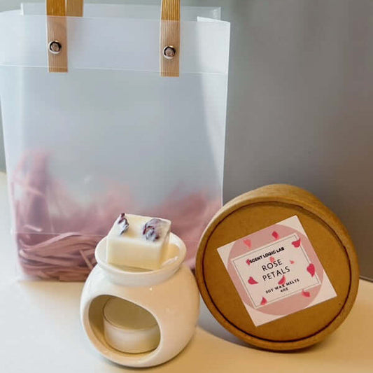 Rose Petal Wax Melter Gift Set – Ceramic Burner, Tealight & Soy Wax Melts - handmade home fragrance gift