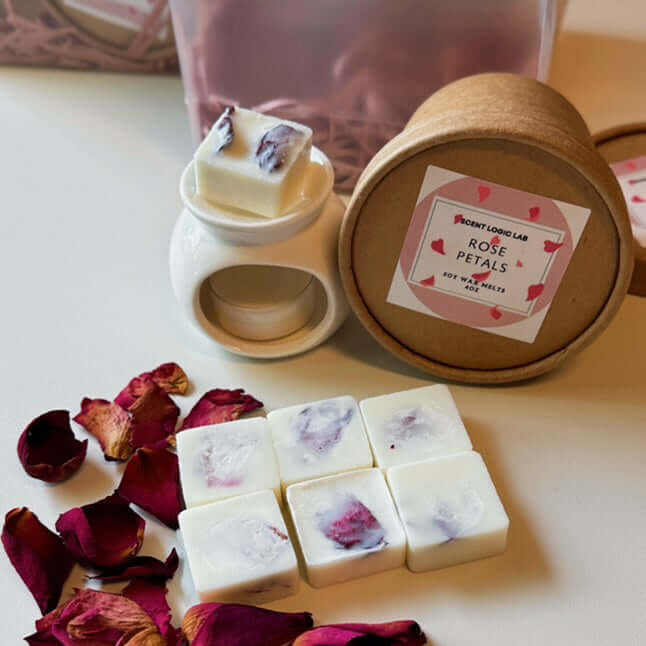 Rose Petal Wax Melter Gift Set – Ceramic Burner, Tealight & Soy Wax Melts - handmade home fragrance gift