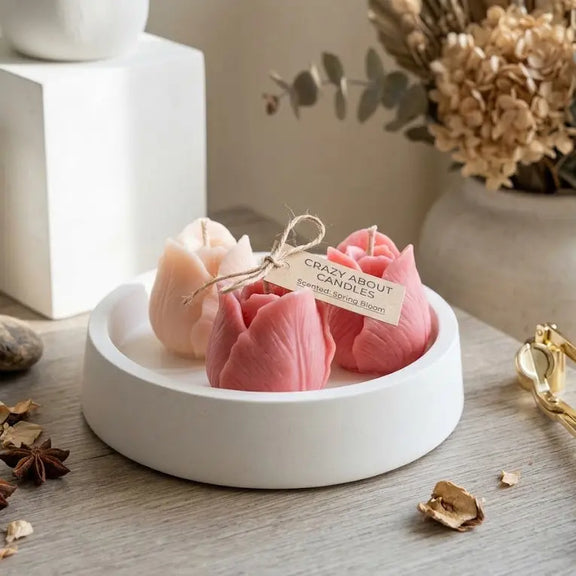 Spring Candle Decor: Tulip Trio Candle in Artisan Jesmonite Bowl - handmade home fragrance gift